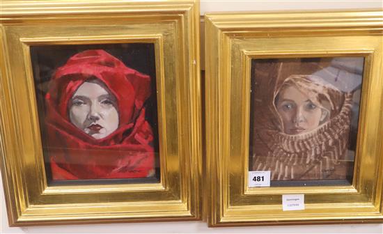 Alexandra Gardner (1945-) two oils on canvas, Self portraits wearing shawls, signed, 24 x 19cm